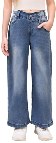 Haloumoning Pantalon en jean évasé pour fille - Taille haute - Taille élastique - Jambes larges