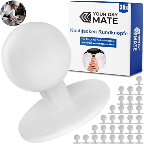 Rundknöpfe für Kochjacken, 30 Stück, in Weiss, 19 x Ø 12,5 mm aussen, Kochknöpfe Uniform, Kugelknopf Kochjacke, Koch Knöpfe Jacke Küche Koch, Motivknöpfe Set, Rundkopfknöpfe Arbeitskleidung Button