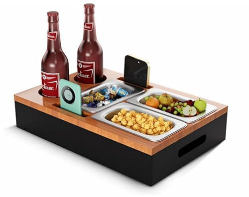 Couchbar Snackbox, Euakee Praktischer Sofatablett mit DREI Snackschalen und Mehrere Lagerplätze, Abnehmbarem Snackbox, Couch Organizer Geschenk Für Männer & Frauen