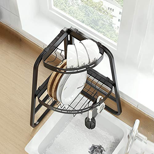 PPSMFAMZ Escurridor de platos triangular resistente de 2 niveles para ahorrar espacio, multifuncional, con soportes laterales, secadora de platos, resistente al óxido con soporte para utensilios,