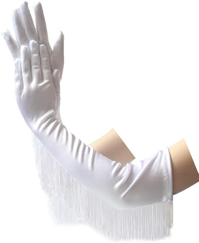 krautwear Damen Ellenbogenlange Satin Abendhandschuhe Handschuhe Mit Fransen (49 cm) (1 Paar weiss, One Size)