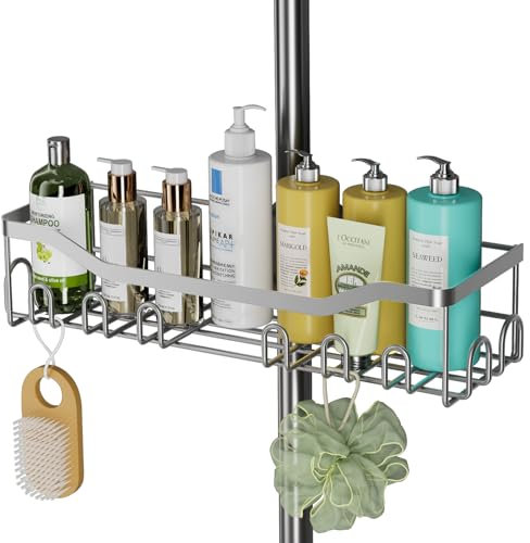 Hodzeed Étagère de Douche Sans Perçage Inox, Grande Taille et Capacité, pour Barre de Douche de 18 mm à 25 mm, Argenté, pour Shampooings et Gels Douche