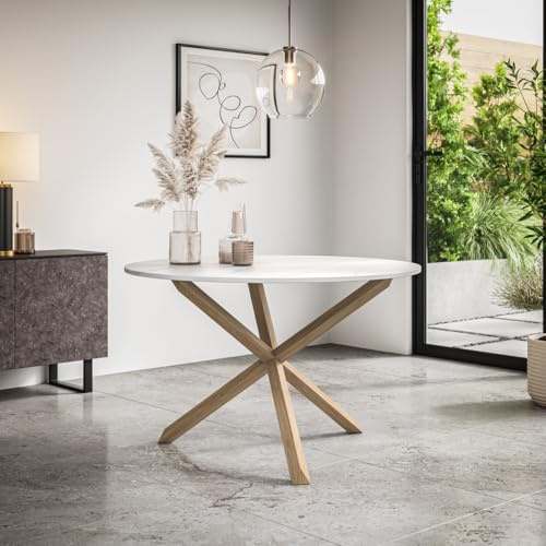 More4Homes MALVERN 4-6 SEATER ROUND DINING TABLE w SOLID OAK LEGS (Marble Effect)