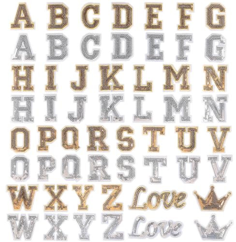 Fabric Letters Set with 56PCS Mixed Color Glitter Iron on Letters, Including Sewing kit, Iron On Letters for Clothes Repairing and DIY Personalized Clothing (Gold+Silver)