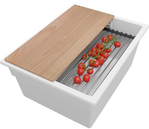 PRIMAGRAN Fregadero Cocina Todo Blanco 36x47cm, Fregadero Granito 1 Seno + Sifón + Accesorios, Fregadero sobre encimera al mueble 40cm - Prague Slim