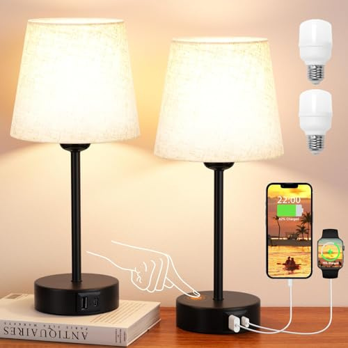 Aooshine Bedside Lamps Set of 2, 3-Way Dimmable Touch Table Lamps with USB A+C Charging Ports, Table Lamps for Living Room Bedroom with Beige Linen Shade(Bulbs Included)