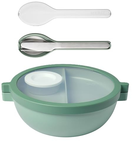 Mepal - Meal Prep Boxen Vita Set - Bento Schüssel + 3-teiliges Besteck-Set Ellipse - Brotdose mit Fächern - Extra Fach mit Deckel, Dressing-Deckel & Tablett - Bentobox - 1500 ml - Nordic Sage