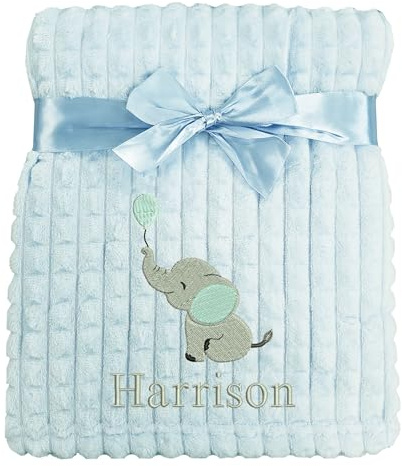 Personalised Baby Blanket Embroidered Elephant & Name Soft Fleece Wrap (Blue Elephant Blue Squares)
