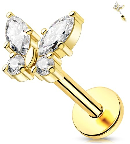 Melighting Schmetterling Flach Rücken Ohrring 16G Helix Stud 14K Gelbgold Knorpel Ohrringe CZ Threadless Tragus Piercing Schmuck