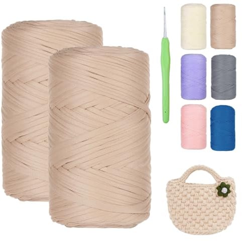 T-Shirt Garn 2 x 200g, Bändchengarn zum Häkeln & Stricken, Häkelgarn für Taschen, Textilgarn für Körbe, Teppiche, Heimdekoration, Häkeltaschen, Häkelgarn Dickes Garn für DIY-Kunsthandwerk（Beige)