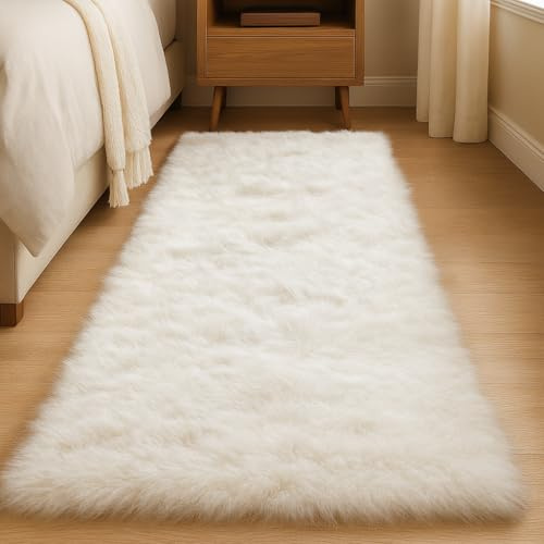 JOYARR Hochflor Läufer Teppich, Flauschig Waschbar Anti-Rutsch Teppiche für Schlafzimmer Bettvorleger Flur Wohnzimmer, 60x180 cm, Creme