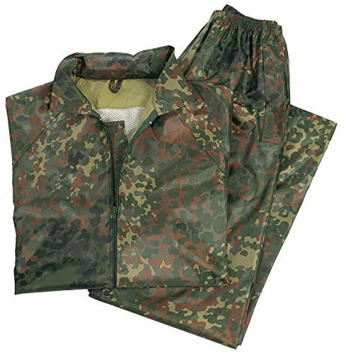 Mil-Tec Regenanzug Herren (2-teilig) • Wasserabweisender Regenanzug • Leichte Regenjacke mit Kapuze & Regenhose • Regenschutz für Outdoor Aktivitäten • Regenbekleidung inkl. Tragebeutel • Flecktarn, M