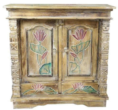 Oriental Galerie Schrank Kommode Sideboard Flurschrank Dielenschrank Telefonschrank Blumen Lotus 80x80 cm Natur Color W/W Bunt