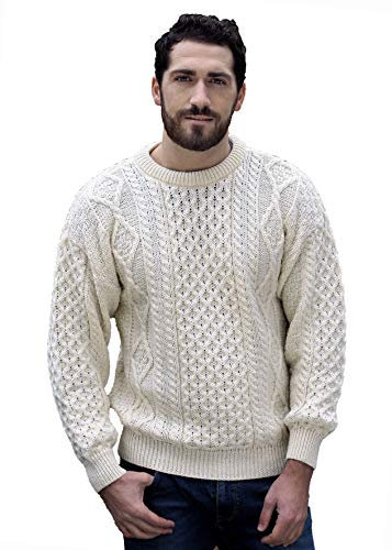 Aran Crafts Irish Soft Cable Knitted Wool Crew Neck Unisex Sweater (C1347-LARGE-ECR) Ecru