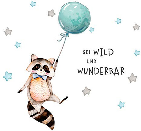 Little Deco Sticker Spruch sei wild & Waschbär I Wandbild M - 120 x 55 cm (BxH) I Luftballon Wandbilder Wandtattoo Kinderzimmer Junge Tiere Deko Babyzimmer Kinder DL324