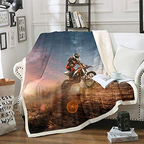 Homewish Männer Motocross Fahrer Decke Dirt Bike Decke Motorrad Extremsport Motorrad Sonnenuntergang Land Zweig Fleecedecke, für Büro Reisen Camping Geschenke 130X150