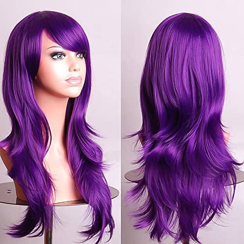 YEESHEDO Violett Cosplay Perücke für Frauen Langes Gewelltes Haar Synthetische Perücken mit Pony für Halloween Party Kostüm Anime 28 Zoll 70 cm