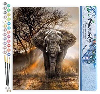 Figured'Art Peinture par Numéro Adulte Eléphant solitaire - Activité Manuelle Kit de Loisir Créatif DIY Numéro d'Art Complet - 40x50cm sans châssis en bois
