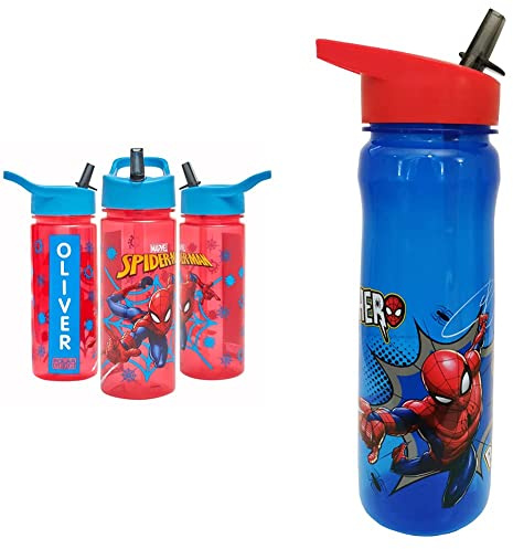 Marvel Spider-Man Personalised Sticker Water Bottle with Straw 500ml , Red & Blue & 1325 1698 Spider-Man Hero Reusable Water Bottle, polypropylene, Blue and red, 600ml