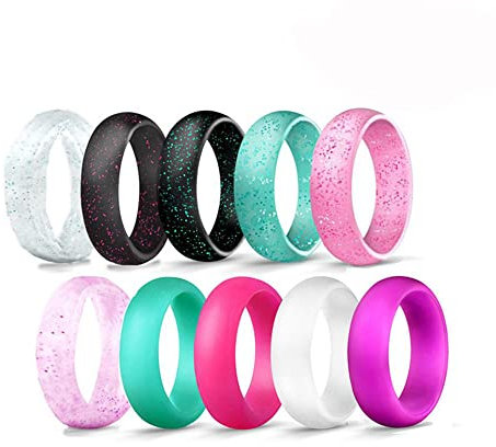GALANI 10 Stück Damen Ringe Set Silikon Ehering Gummibänder mit Glitzer Hochzeit Ring Verlobungsring 5.7mm Valentinstag Geburtstag Geschenk für Frauen Größe 59(18.8)