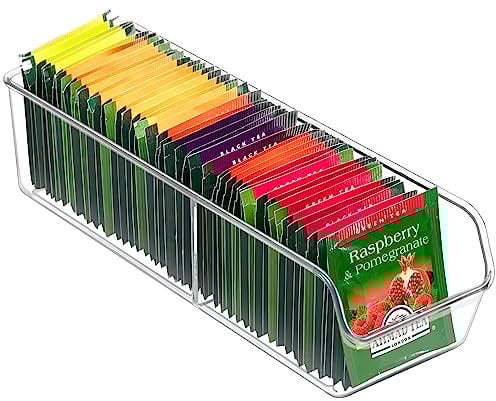 FUCDTEFC Tea Bag Organizer, Tea Bag Holder Box Storage Bin, Clear Tea Packet Plastic Drawer, Sugar Packet, Coffee, Condiment, Tea Spice Bag Holder for Kitchen Cabinet, Countertop, Fridge