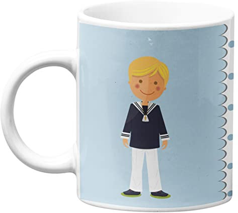 Taza personalizada comunión Worfull, taza regalo original, taza con nombre y fecha un día especial para un regalo único. (Niño Rubio)