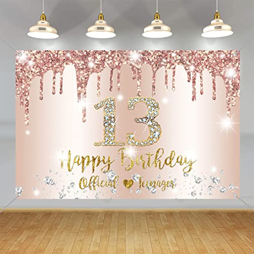 13-årsdag dekorationer för flicka glad 13-årsdag officiell tonåring deco flicka 13 år gammal skylt affisch roséguld foto bakgrund festtillbehör välkomstskylt, 150 cm x 90 cm