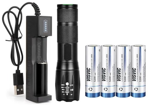 YUUGYD LED Pocket Torch, 5 Modes Focus, Zoomable, Waterproof Powerful 18650 Torch w/4 Flat top 18650 Battery and USB Charger for Camping,Dog Walking, Outdoor, Emergency
