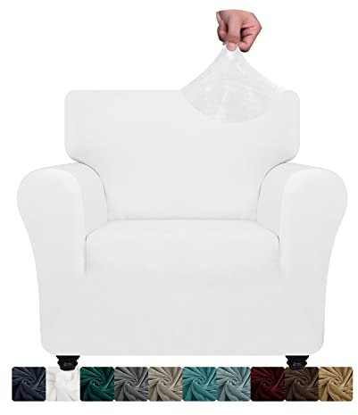 XINEAGE 1 Piece Velvet Chair Slipcovers for Living Room High Stretch Chair Covers with Arms Anti Slip Pets Friendly Couch Sofa Armchair Cover Furniture Protector (1 Seater, White)
