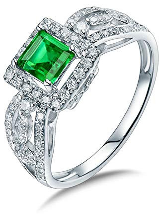 Lieson Weißgold Ring Damen 750 18K, Verlobungsringe Frauen Glitzer Quadratisch Smaragd 0.53ct mit Diamant 0.43ct Hochzeit Ring Weißgold Gr.51 (16.2)