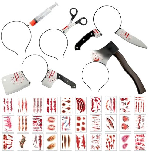 Halloween Kostüm Accessoire Set,5 Stück Horror Haarreif,Halloween Haarbänder Set,Halloween Messer Im Kopf,Schere Axt Messer Syringe im Kopf Stirnbänder,Horror Haarreif Dekorieren,HalloweenParty