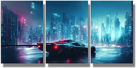 3-Teiliges Leinwandbild für Wohnzimmer und Schlafzimmer - Cyberpunk-Stil Mit Futuristischem Auto auf Neon-Hintergrund - Heimdekoration, Sport-Bild, Fertig zum Aufhängen, Auch für Büro