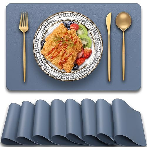 Blibalaskr PVC Heat Resistant Placemats Set of 8,Waterproof Wipeable Floor Place Mats,Non-Slip Easy Clean Table Mats for Kitchen Table Decor,12x18 Inch (Blue)