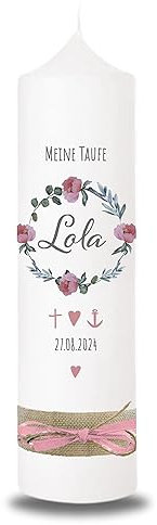 VILLA ROSA LOTTA - Personalisierbare Taufkerze Kommunionkerze Lola mit Wunschdaten und Rückseite I Blumen Kranz Motiv I 25 cm x 7 cm I Taufkerzen für Jungen und Mädchen I Farbe elfenbein Rosen