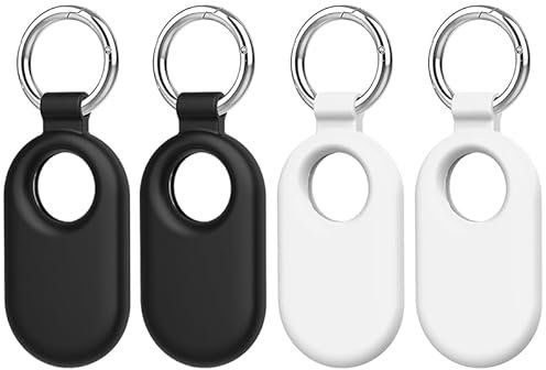 SZJCLTD für Samsung Galaxy SmartTag2 Hülle, 4 Pack Schutzhülle Silikon Hülle für Galaxy Smart Tag 2 mit Schlüsselring für Schlüssel, Brieftasche, Gepäck, Haustiere (Schwarz/Schwarz/Weiß/Weiß)