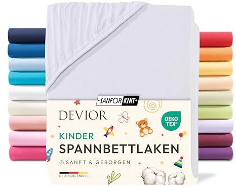 Devior Jersey Kinderspannbettlaken 60x120cm - 70x140cm, 100% Baumwolle, Matratzenhöhe bis 12cm, Weiß – 135 g/m² Anti-Statisches, atmungsaktives Bettlaken mit Einlaufschutz, Matratzenbezug Weiß