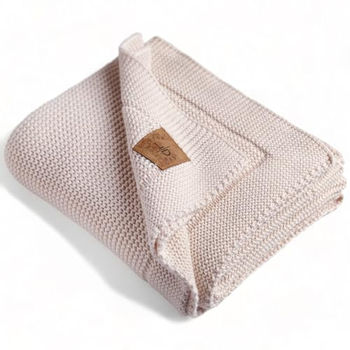 Little Dedi Strickdecke aus 100% Bio-Baumwolle GOTS Zertifizert, 80x100 cm. Hellbraun- Atmungsaktiv, Temperatur regulierend, in eleganter Geschenkbox für Babys
