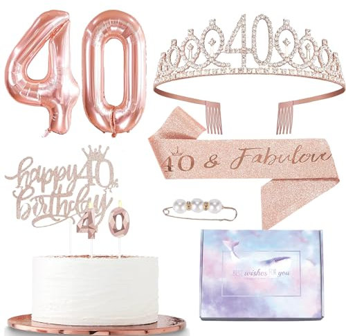 Rose Gold 40th Birthday Decorations for Girls Women Her,Birthday Sash and Tiara Rose Gold 40th Rhinestone Crown,Cake Topper Candle Topper 40th Foil Balloons Gifts for for Her Happy 40th Party Favor