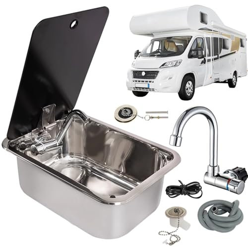Miuxe Évier De Lavabo À Main pour Camping-Car À Une Cuve avec Couvercle en Verre Trempé pour Robinet Plié, Adapté pour Évier De Cuisine en Acier Inoxydable pour Camping-Car, Caravane