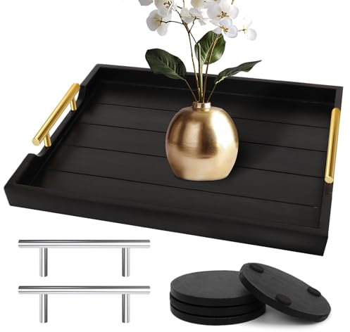 SXNOWS Coffee Table Trays - Large Ottoman Tray for Living Room - Wood Serving Trays with Handles(2 Sets) - Wooden Tray for Coffee Table, 4 Round Coasters Included, Black