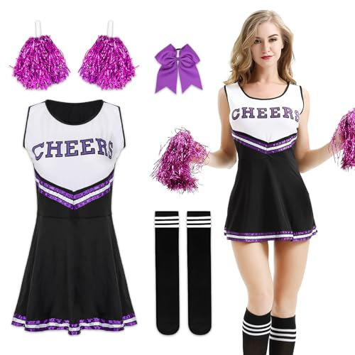 Cheerleader-Kostüm für Damen, Cheerleader-Kostüm mit Bommel, Cheerleader-Uniform, Halloween-Kostüm für Erwachsene für Cosplay-Partys für Mädchen (Schwarz, XS)