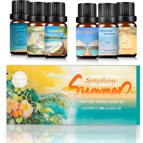 Wecona Sommer Ätherische Öle Set – 6x10ml Duftöl für Diffuser & Kerzenherstellung, Tropische Aromaöle für Zuhause, Kokosnuss, Meeresbrise, Plumeria & Mehr