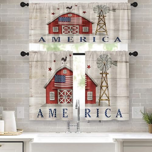 Nesphy Küchengardinen Bauernhaus-Fenstervorhänge, Volant und Etagen-Set, 91,4 cm, Amerika, patriotischer Unabhängigkeitstag, Stangentasche, kurzer Etagen-Vorhang für Zimmer, rustikale kleine