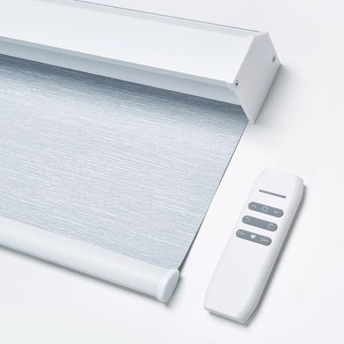 JOYENG Motorized Blinds Blackout Shades Automatic Shades Remote Control Cordless Room Darkening Smart Window Blinds Custom Size (Texture Grayish-Blue)