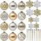 SLEETLY 28pk Gold Silver Christmas Baubles for Tree Decorations - Holiday Xmas Shatterproof Plastic Ball Ornaments, Icicles and Snowflakes Set