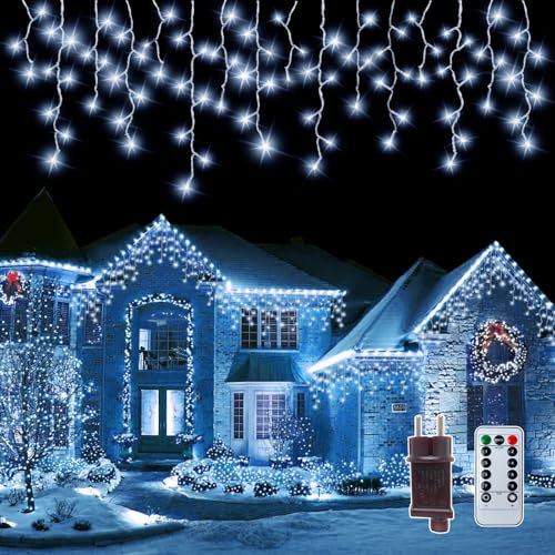 PEMOTech Eisregen Lichterkette Außen,10m 423 LED kalt weiß Weihnachtsbeleuchtung Außen,IP65 Wasserdicht und Staubdicht 8 Modi und Timer Weihnachtsdeko Aussen für Fenster,Traufe,Balkon,Geländer
