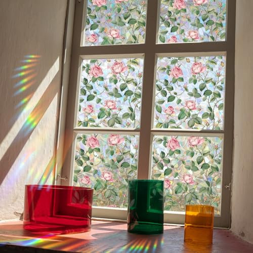 Yeysynana Fensterfolie, dekorative Blumenfenster-Sichtschutzfolie, rosa Rose, doppelseitig, statische Glasfensteraufkleber, Aufkleber für Zuhause, Büro, Wohnzimmer, Badezimmer, Zimmer, Glasfenster,