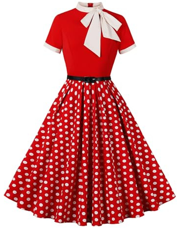 Odizli Rockabilly Kleider Damen 50er Jahre Vintage Kurzarm Krawatte Polka Dot Blumen Swing Knielang Coctailkleid mit Gürtel