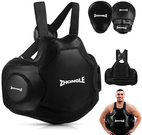 ZHONGLE Professionelle Boxen Körperschutz, Kampfsport Heavy Hitter Boxen Body Pad, Taekwondo Brustziel, Leder Körperschutz für Boxen, MMA, Kickboxen, Muay Thai (Schwarze Brust Ziel+Hand Ziel)