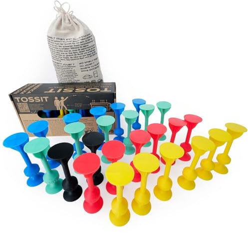 TOSSIT Spiel Saugnapf Darts, Indoor Outdoor Drinnen Draußen, Boccia, Petanque, Wurfspiel, Nachhaltig langlebig Silikon, Boden oder Wand, 4 Farben, Party Pack, Rot Cyan Blau Gelb
